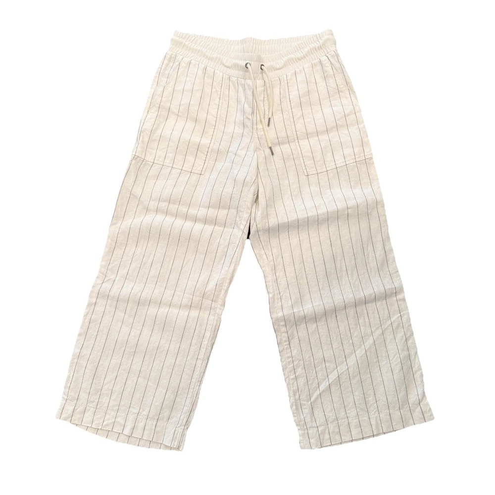 Athleta Pants Womens 4 White Stripe Linen Wide Leg Cropped Pockets Drawstring